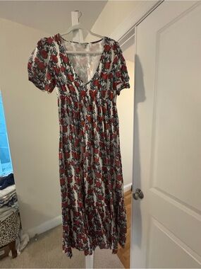 J. Crew White Maxi Dress with Red Rose Print
